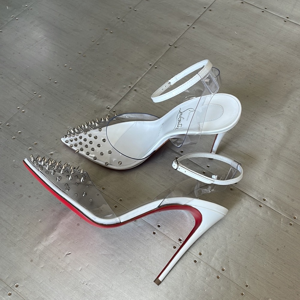 Christian Louboutin spikoo white patent spike stiletto pvc 100mm sz 36.5 - Picture 4 of 12